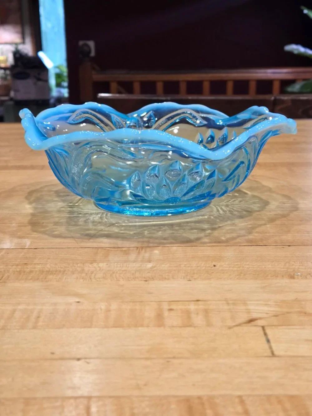 Antique Fenton Water Lily and Cattails Blue Opalescent Glass Bowl 9 Inch